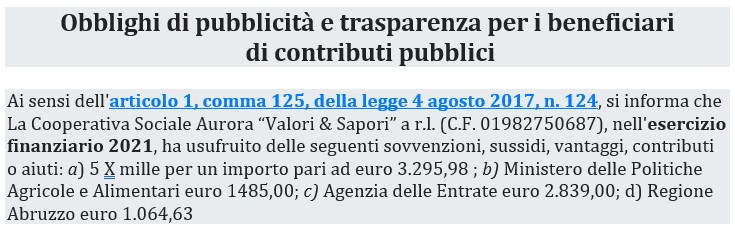Obbligo pubblicità contributi pubblici 2021
